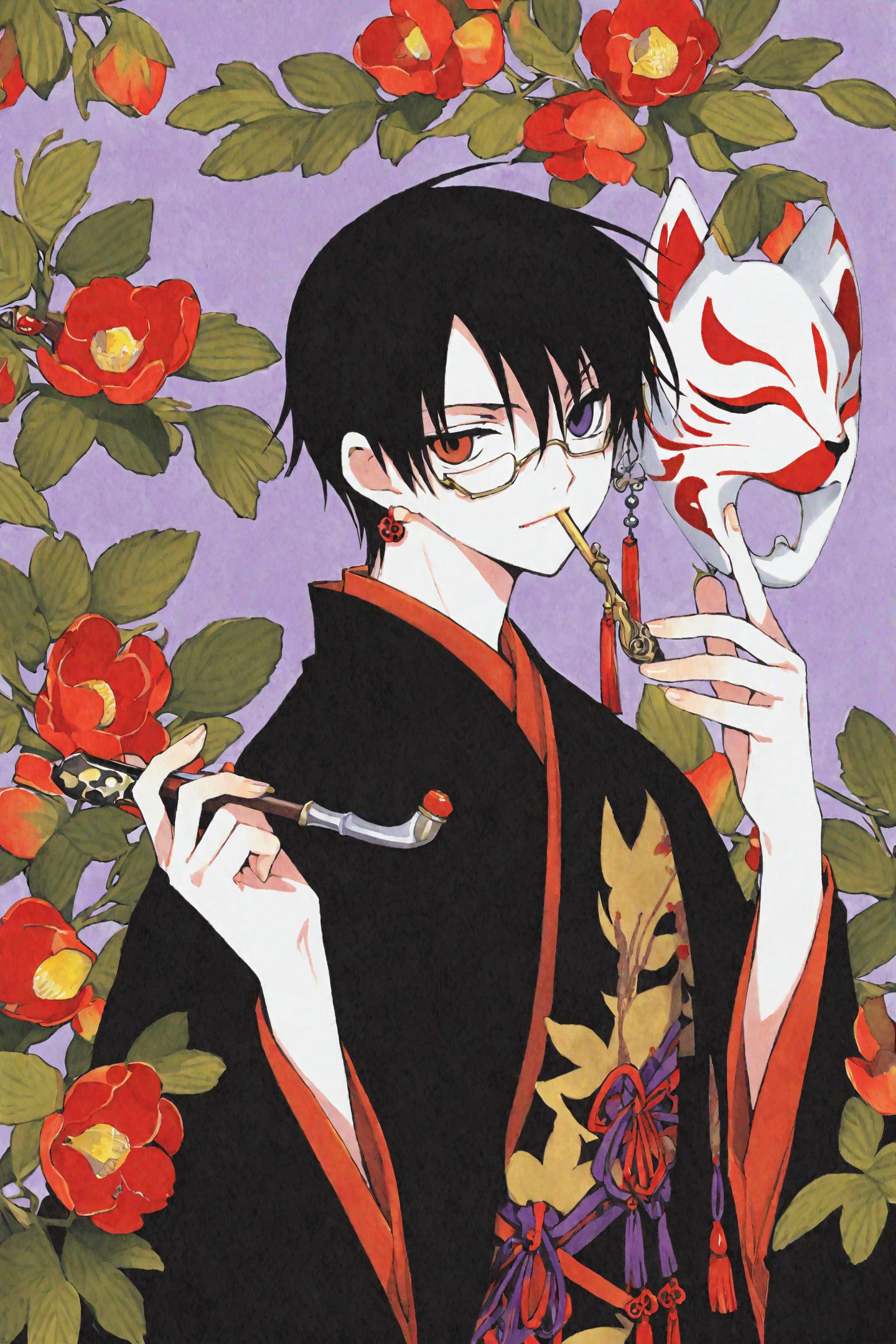 33692-2802925712-xxxHOLiC,_Watanuki Kimihiro,1boy,male focus,heterochromia,black hair,flower,solo,fox mask,smoking pipe,japanese clothes,jewelry,.png